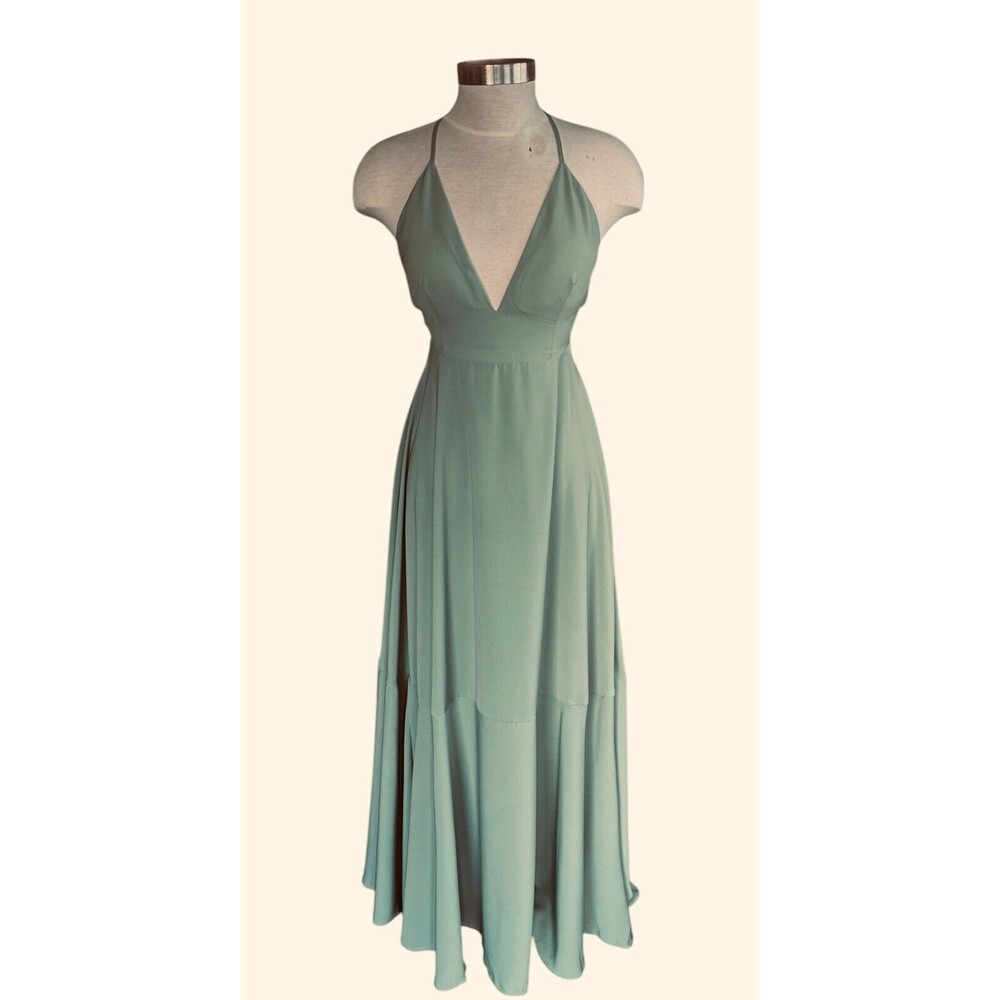LOVE BONITA Women S(4) Spagetti String Deep V-Neck Lined Flowy Maxi Dress NEW